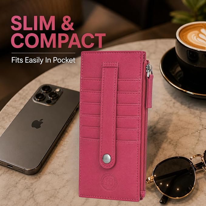 Leatherboss Genuine Leather Women's All in One Credit Business Card Case Holder Slim Zipper Wallet With a Card Protection Strap, Pink