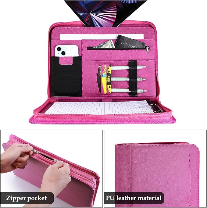 ProCase Portfolio Business Padfolio Folder with Zipper -Magenta | Conference Meeting Executive File Legal Document Organizer with Pockets Letter Size A10 Writing Pad Notepad Padfolio