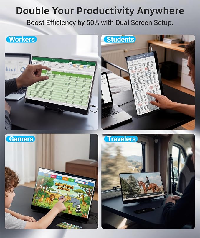 Ingnok Touchscreen Monitor for Laptop,Dual USB C,15.6Inch FHD 1080P | 10 Point Touch,USB C mini HDMI for Laptop,Mac,mini PC,Built in Speakers,with Adjustable Stand,VESA,Lightweight,Eyecare