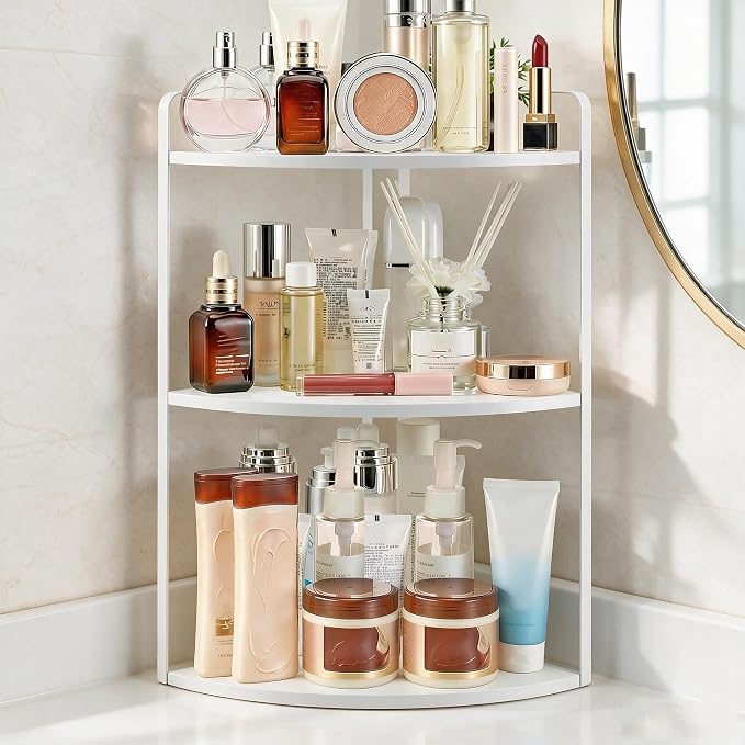 3 Tier Corner Bathroom Counter Organizer, Countertop Organizer, Makeup Organizer Countertop, Bathroom Storage Sink Shelf, Wooden and Metal Counter Shelf (Large Capacity-White)