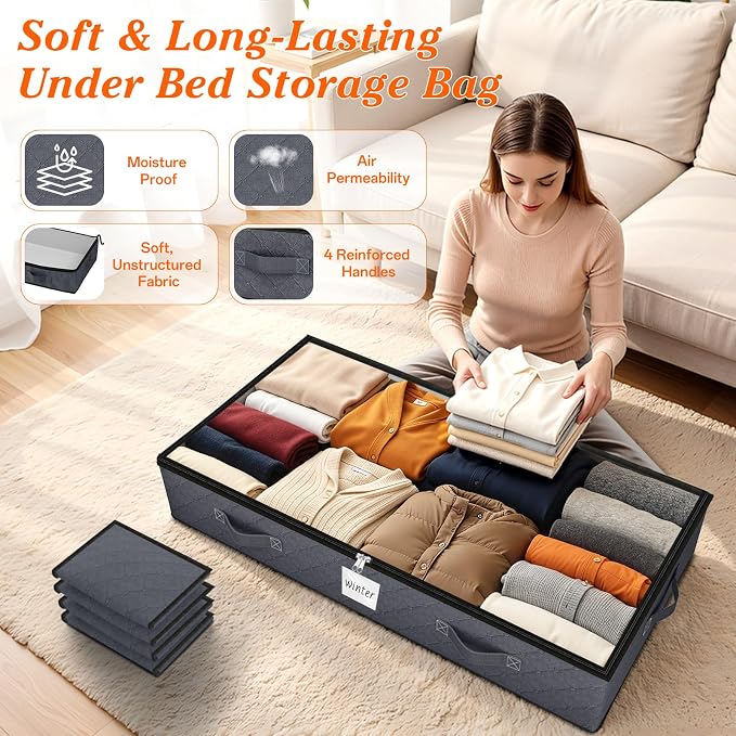 SpaceWhisper 90L Under Bed Storage Containers, 8-Pack Storage Bins with Clear Top, Foldable Closet Organizers and Storage with Label Holder for Clothing, Blankets, Comforter & Pillows (Grey)
