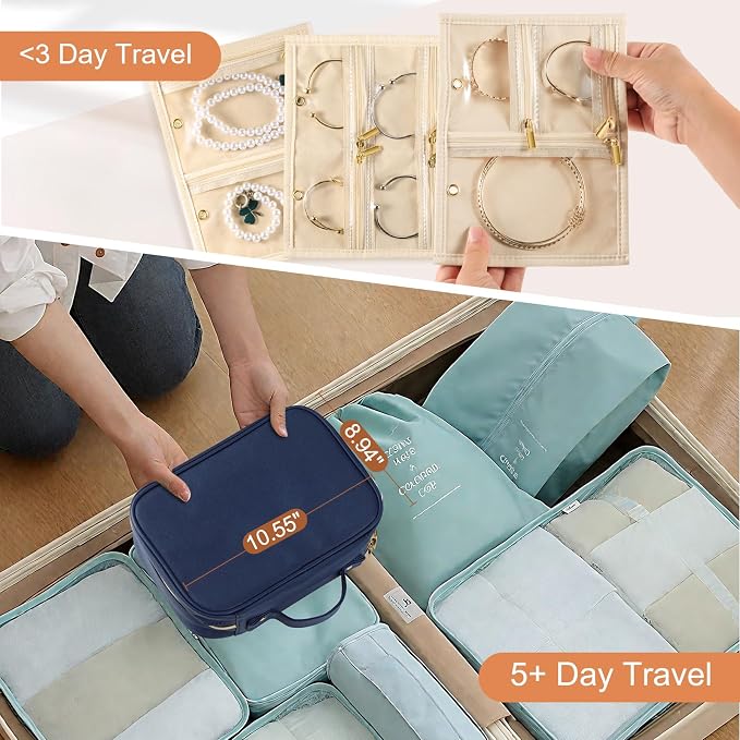 Travel Jewelry Organizer Case for Women, Blue | 5 Zipper Pouches, For Necklaces, For Earrings, For Rings, For Bracelets
