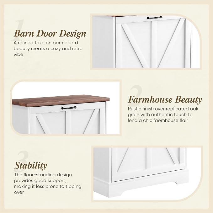 Semiocthome Farmhouse Shoe Storage Cabinet with 2 Flip Drawers, 23.6"(W) Freestanding Shoe Organizer with Barn Door and Metal Handles for Entryway, Rustic Narrow Slim Shoe Rack Cabinet - White