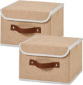2PCS Collapsible Storage Boxes Baskets with Lid Cotton Linen Fabric Storage Bins with Faux Leather Handles Washable Cube Organizer Container for Home Closet Bedroom (Linen, Small Size)