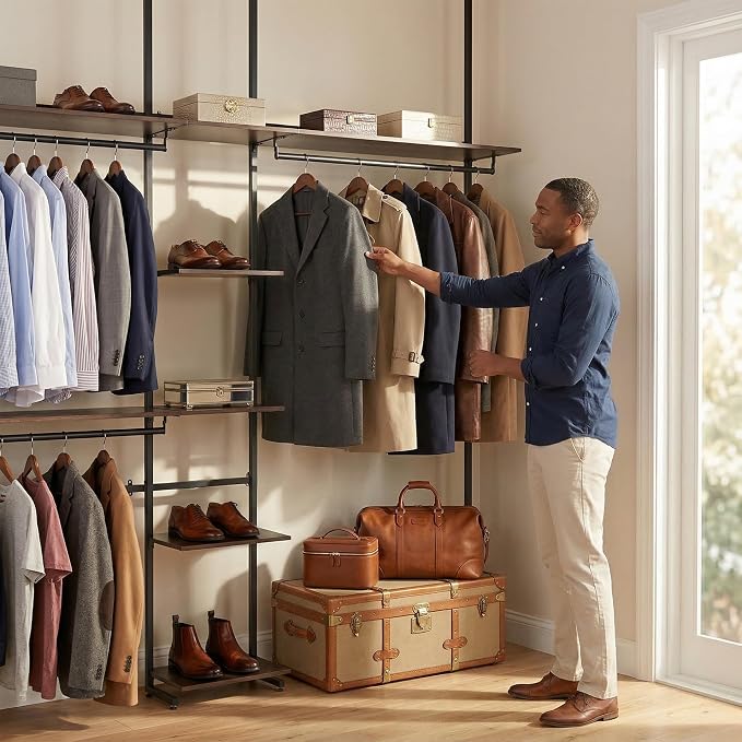 MZG Closet Organizer System, Freestanding Closet System with Wood Shelves & Hanging Rod, Adjustable Floor-to-Ceiling Open Wardrobe for Bedroom, Apartment & Walk-In Closet (16.8" D x72.1 W x 137.9" H)