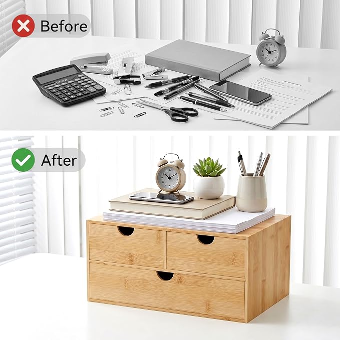 Bamboo Desk Organizer with Drawers, Desktop Storage for Office Supplies | 3 Drawers Desktop organizer, No Assembly Required, Natural Wood Wooden Desktop Drawers Box for Bills, Cosmetics, Seals, Paper
