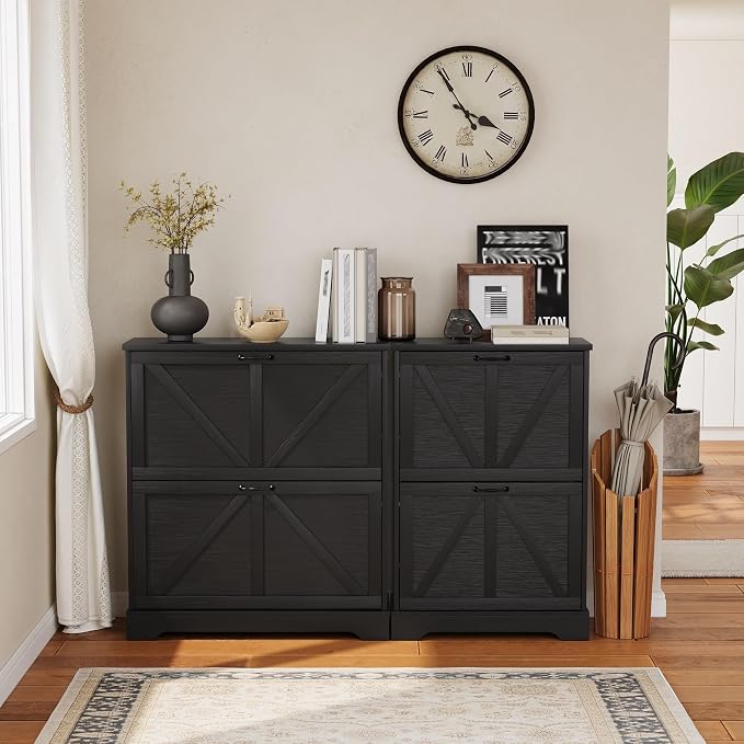 Semiocthome Farmhouse Shoe Storage Cabinet with 2 Flip Drawers, 23.6"(W) Freestanding Shoe Organizer with Barn Door and Metal Handles for Entryway, Corner Rustic Narrow Shoe Rack Cabinet - Black