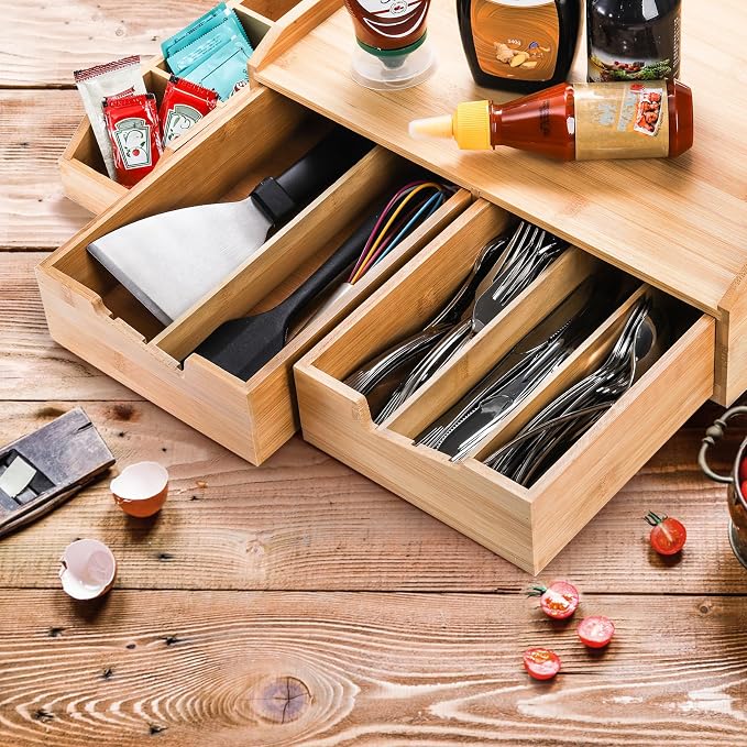 SOUJOY Bamboo 2 Drawer Coffee Pod Organizer with Side Box for K Cup Tea Bag | Space-Saving, Eco-Friendly, Natural Bamboo Organizer for Kitchen Counter, Coffee Bar, Office