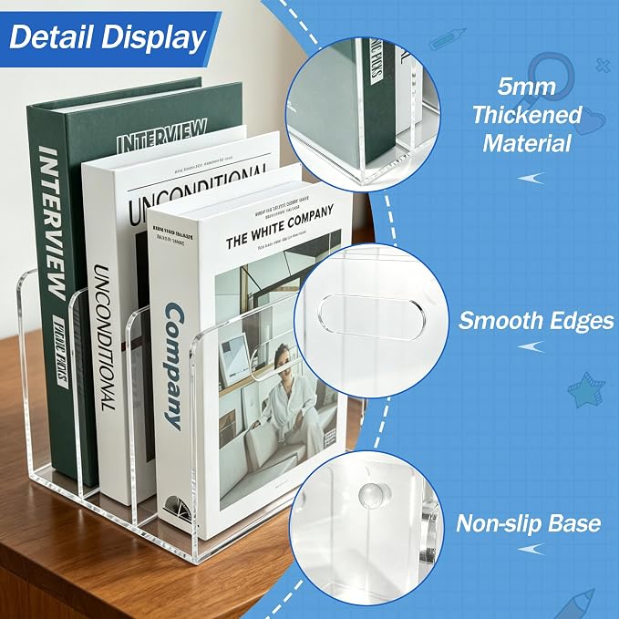 Desk File Organizer Magazine Holder 3 Vertical Acrylic Book Stand | Office Organization for Binders, Notebooks, Documents, Mail, Home Desk Decor Supplies, Classroom Storage Rack