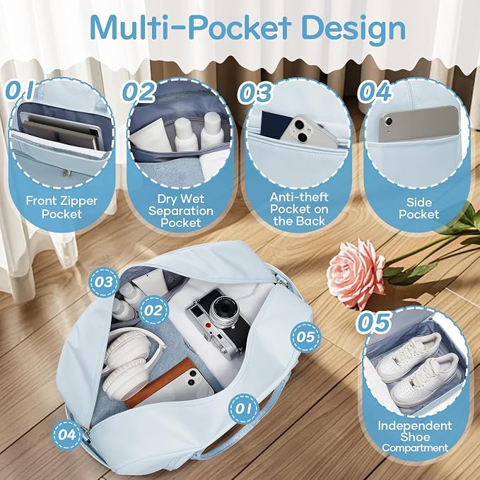 Travel Duffle Bag,Weekender Bags for Women with Shoe Compartment Personal Item Travel Bag Carry on Overnight Bags For Airplanes Gym Duffel Bag with Wet Pocket Hospital Bag for Labor and Delivery Blue