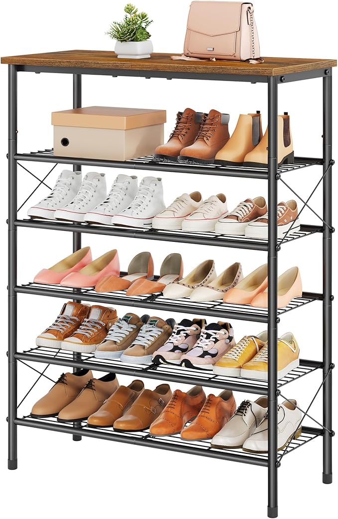 Tajsoon 6 Tier Shoe Rack Organizer for 20-24 Pairs of Shoes, Metal Mesh Shoe Shelf for Closet, Industrial Shoe Rack for Entryway Shoe Storage with X Shape Fixed Frame, Rustic Brown & Black