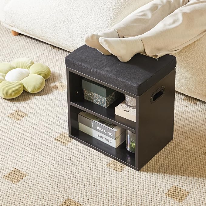 YMYNY Small Shoe Storage Bench with Cushion, Black, HBD028B | 2 Tier Entryway Bench with Storage, Small Shoe Rack Bench with Adjustable Shelf for Entryway 11 x 15.3 x 16.5 Inches