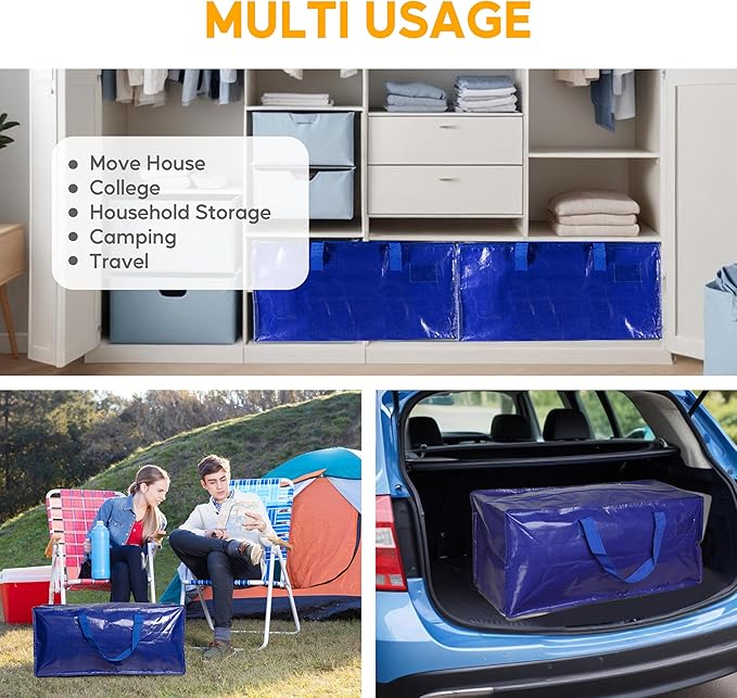 10 Pack Oversized Heavy Duty Moving Bags with Backpack Straps, Strong Handles & Zippers, Extra Large Storage Tote Moving Boxes for Space Saving, Blue