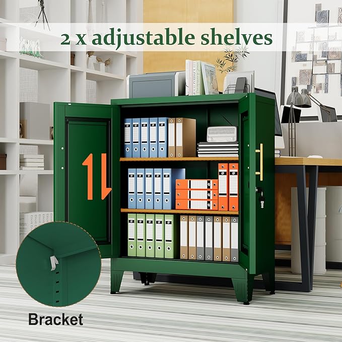 Green Metal Storage Cabinet, 36" Tall Locking Storage Cabinet with 2 Adjustable Shelves, Steel Locker Organizer, for Office, Home, School