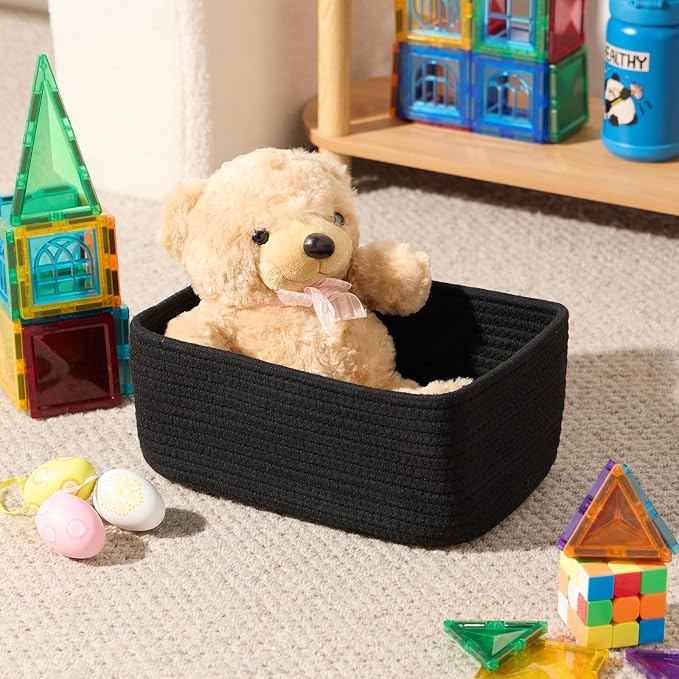 MiniArk Small Storage Baskets for Organizing | Closet Organizer Bins | Shelf Toy Basket | Woven Rope Baskets | Cube Decorative Box | Shallow Basket | 11.5x7.5x4.7” | 3 Packs Black