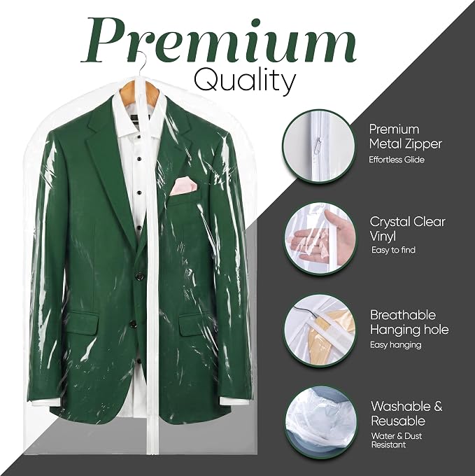 Handy Laundry Clear Vinyl Garment Bag - Protect Your Clothing While Traveling and Dust Free While Hanging in Your Closet. Ideal for Coats, Suits, Dresses or Gowns - Set of 2 (24 X 54 Inches)