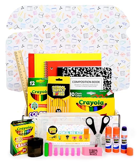 School Supply Boxes | K-5 Bundle (1 Box) | Back to School Essentials Kit for Students & Teachers | Includes Wide-Ruled Paper Products, Crayons, Markers, Colored Pencils, & More