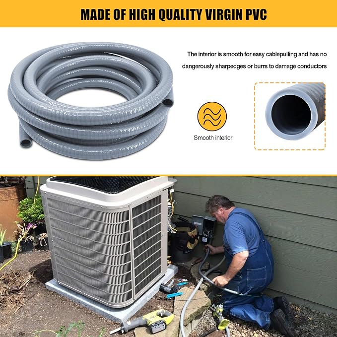 Liquid-Tight Conduit 1inch 25 Foot, Flexible Non Metallic Liquid Tight Electrical Conduit and Connector Kit, with 5 Straight and 3 90-Degree Connector Fittings, 1" Dia
