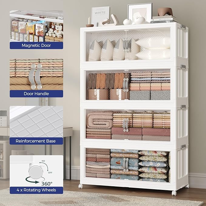 640QT Extra Large Stackable Storage Bins with Lid & Wheels & Doors, 160Gal Foldable Collapsible Closet Organizers, Plastic Cabinet Box Container Drawer for Home Kitchen Bedroom, 4Pack White