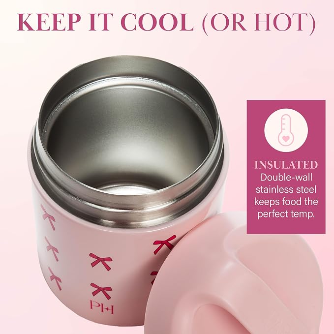 Paris Hilton Stainless Steel Food Jar, Double Wall Vacuum Sealed Insulated Food Storage Container with Carry Handle Lid, 12-Ounce, Pink with Bow Design