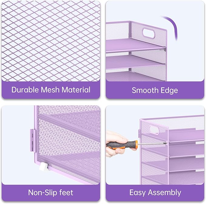 7 Tier Paper Organizer - Mesh Desktop File Holder with Handles for Office School Desk, Black (Purple)