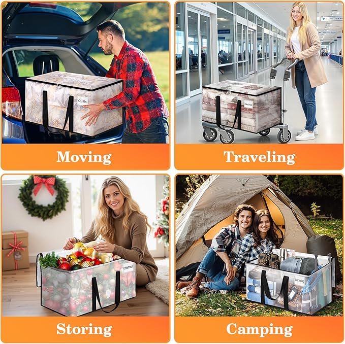 Extra Large Heavy Duty Moving Bags, Storage Bags with Strong Zippers & Handles, Packing Bags for Moving Essentials, Ideal Storage Tote for Home, Dorm & Storage Solutions, 93L, 4 Packs, Clear