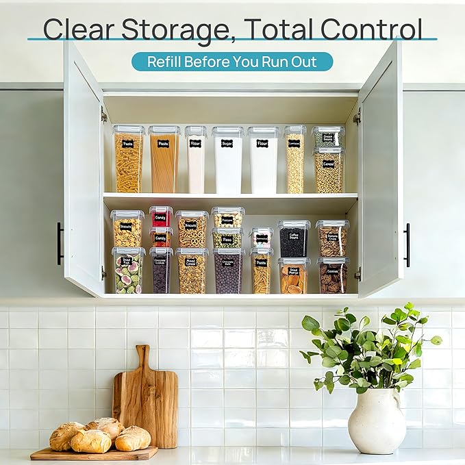 Vtopmart Airtight Food Storage Containers with Lids, 24 pcs Plastic Kitchen and Pantry Organization Canisters for Cereal, Dry Food, Flour and Sugar, BPA Free, Includes 24 Labels，Gray