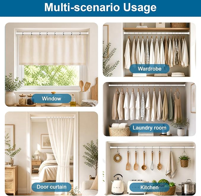 2Pcs Tension Curtain Rod, 31-76in White No Drill Shower Curtain Rods | High Carbon Steel, 7/8inch Spring Rod Diameter, Adjustable Length for Bedroom, Doorway, Closet, Kitchen,Bathroom