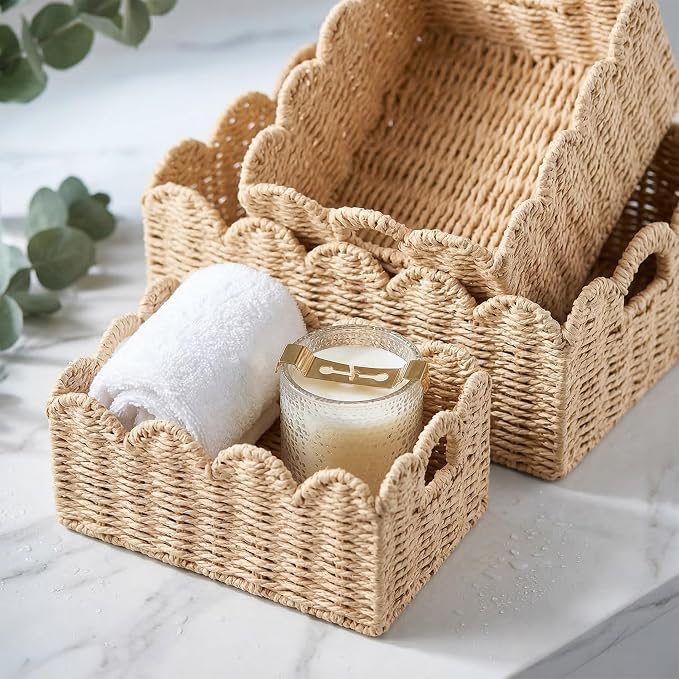 Scalloped Wicker Baskets, Set of 3 Hand-Woven Storage Baskets with Handles - Paper Rope Shelf Organizers & Decorative Baskets for Shelves, Closet, Bathroom (Beige）