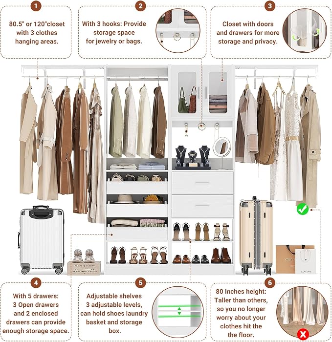 6.7FT-10FT Closet System Set with Half-Open Drawers, 80.5''-120" Wooden Modular Wardrobe Set with Shelving Towers, 80'' Height Closet Organizer with Hanging Rods and 2 Big Wing Shelves, White
