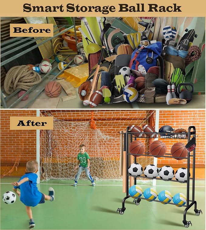 Basketball Racks Holder for Balls with Wheels, Rolling Metal Sports Equipment Storage Stand Organizer with Baskets and Hooks for Basketballs Footballs Volleyball, Black