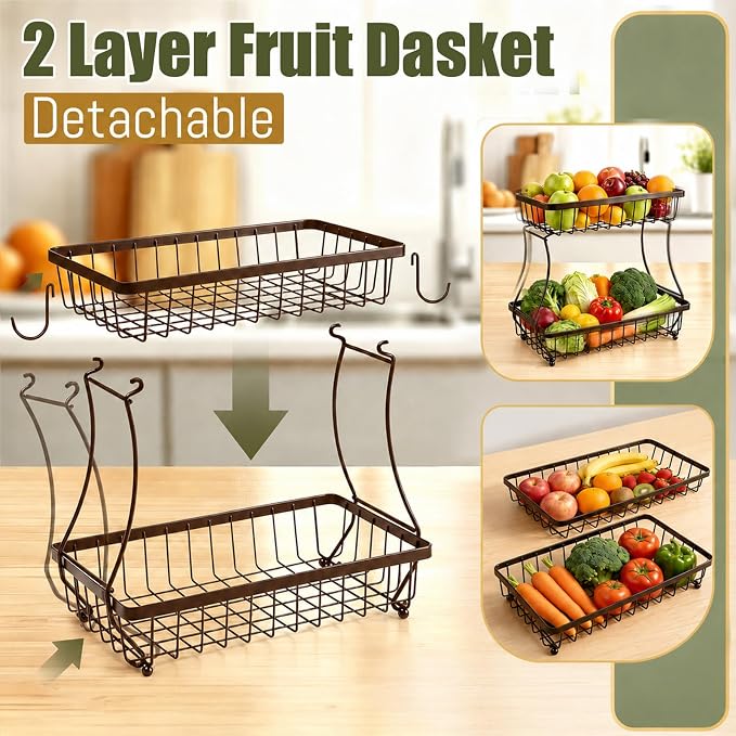 2-Tier Fruit Basket for Kitchen Counter with 2 Banana Hangers | Large Metal Fruit Bowl, Versatile Holder for Veggies, Produce Storage, 12.5"×7.5"×12"-Bronze