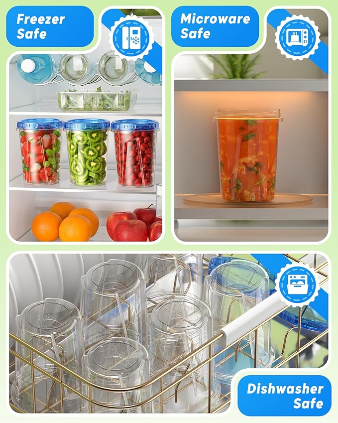 BiuLeon 6 Pack-34oz Freezer Storage Containers, Plastic Food Storage Containers with Twist Top Lids, BPA Free and Reusable Soup Containers with Lid, Microwave and Dishwasher Safe