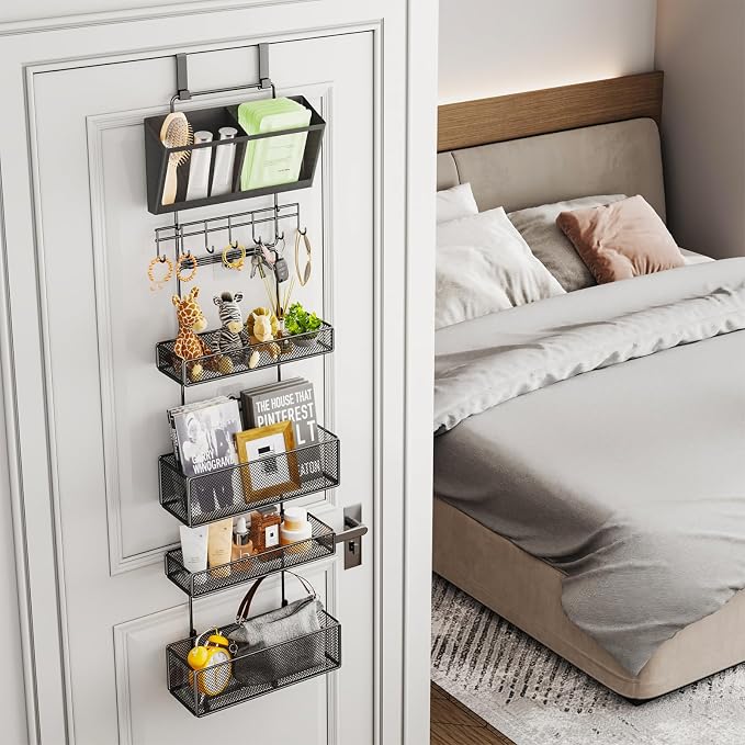 HapiRm Over Door Organizer Hanging - 6 Tier Over The Door Storage with Visual Pockets & Hooks, with 4 Metal Large Capacity Baskets for Bathroom Bedroom Kitchen Pantry Cabinet