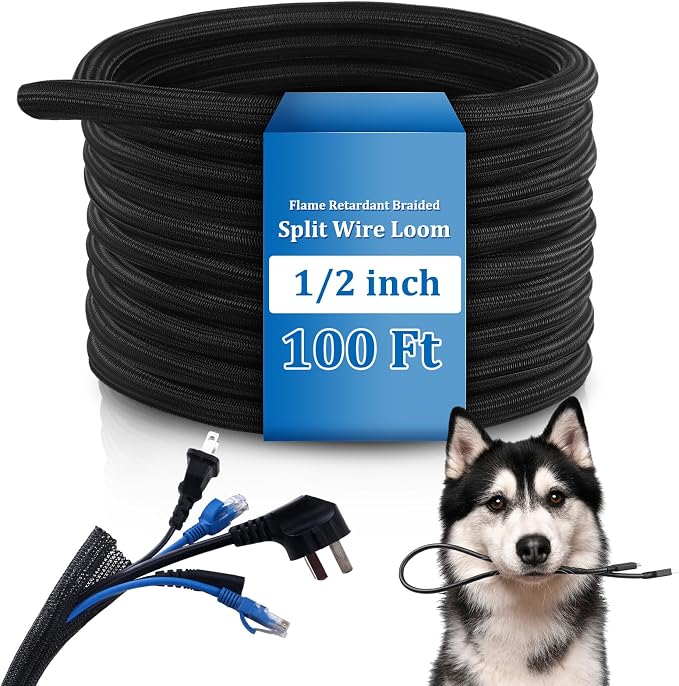 Pangda 100 Ft Split Wire Loom Tubing Flame Retardant Braided Cable Sleeve Split High Temperature Cable Conduit Auto Wire Conduit for Industrial Electrical Tinsel Automotive Marine(100 ft, 1/2")