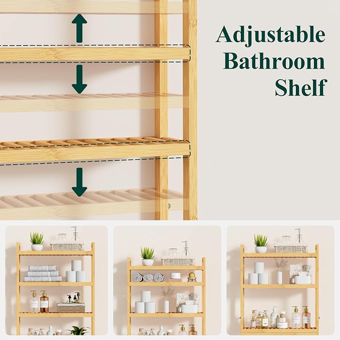 Smiry Over The Toilet Storage Cabinet, 4-Tier Bamboo Bathroom Organizers with Adjustable Shelf & 4 Hooks, Space Saving Shelf Rack for Bathrooms, Laundry Room, Balcony, Natural