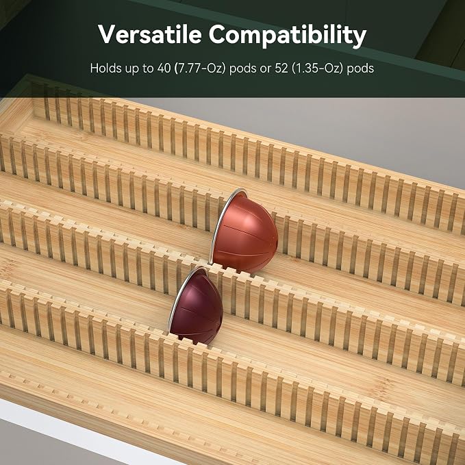 for Nespresso Vertuo Capsules Bamboo Coffee Pod Drawer Organizer | 15"Dx10"Wx1.5"H 40 Big or 52 Small Pods Holder for Counter