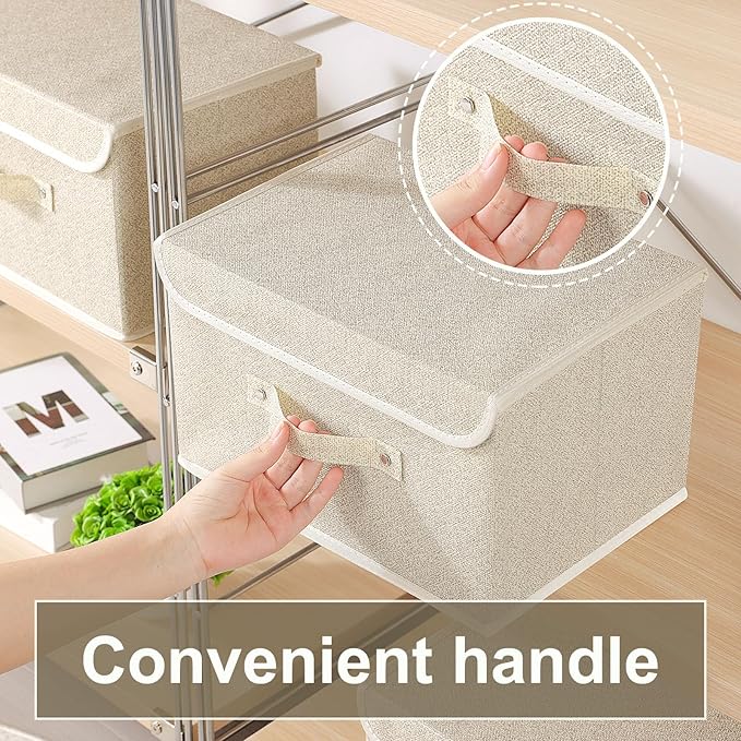 Storage Boxes, Collapsible Storage Bins with Lids, Cotton and linen cloth Storage Baskets with Handle, for Books, Closet, Bedroom, Home, 13x9.1x7.9 in, Grey and Beige
