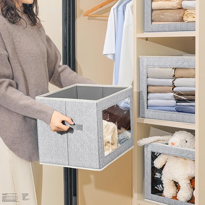 Homsorout Stackable Storage Bins with Lids - Large Decorative Basket with Lids, Fabric Foldable Closet Organizer Bins, Shelf Organizer for Living Room, Dorm, 5 Pack, Blended
