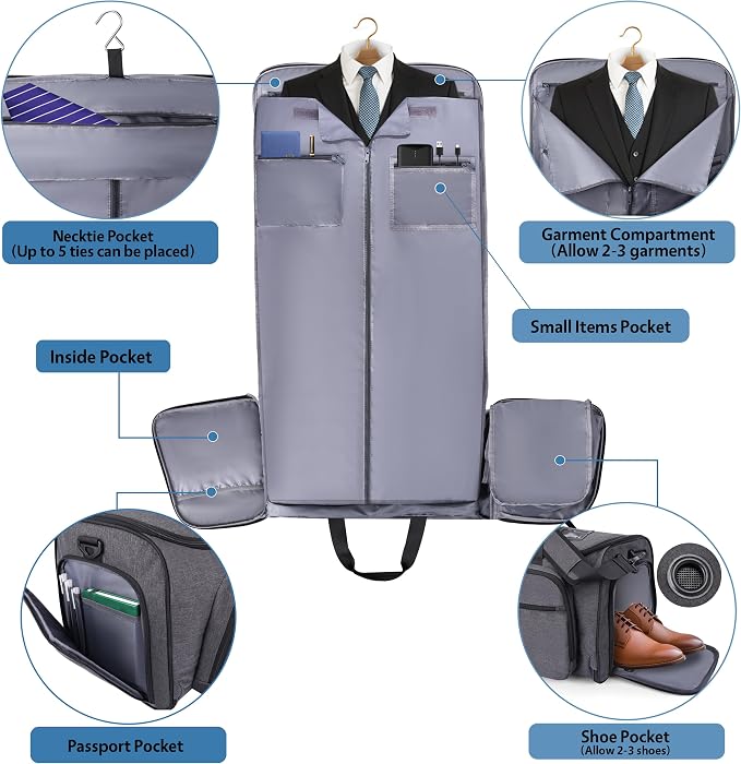 HILOMON Garment Duffle Bags for Travel, YKK Zippers Carry On Convertible Suit Bag with Waterproof Compartment & Shoe Compartment & Shoulder Strap