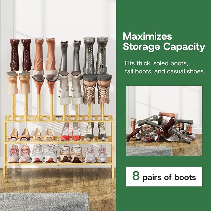 kiplant Tall Boot Rack Organizer - 8 Pair Boot Rack Bamboo Wood Shoe Rack for Entryway & Closet, Holds Tall Boots