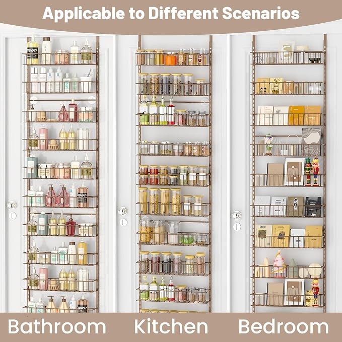 ElegantArray 9-Tier Pantry Door Organizer, Brown | Over The Door Pantry Organizer Rack and Storage, Hanging Spice Rack Shelves Door, Home Office Laundry Room Bathroom & Kitchen