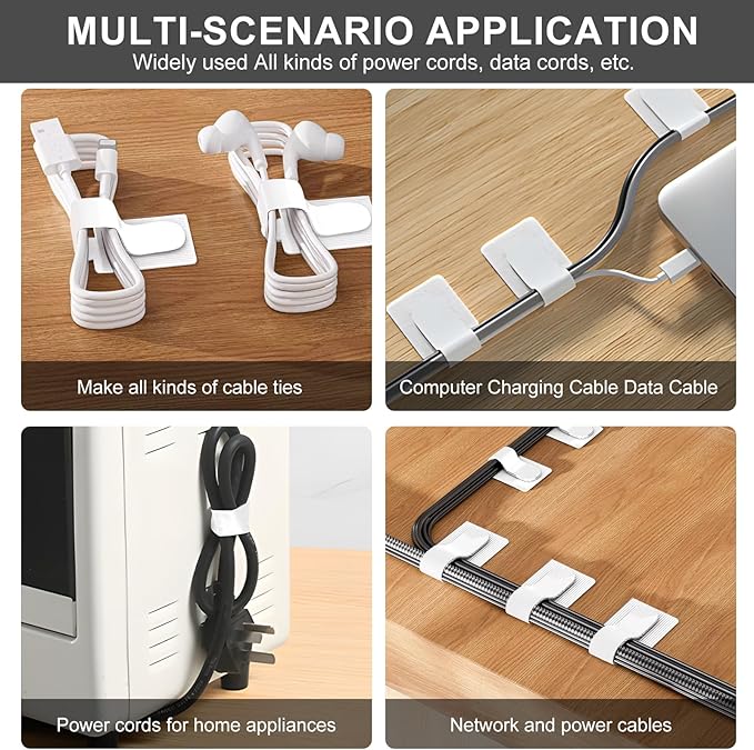100-Pack Reusable Self-Adhesive Cable Ties cable management Adjustable Hook & Loop Straps for Organizing Data Cables, Wires, Headphones Under-Table Cord Management for Home, Office