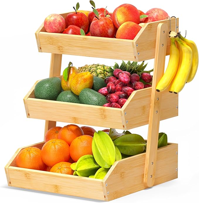 Gmtsl Bamboo Fruit Basket for Kitchen, Fruit Holder for Kitchen Countertop | 3 Tier Fruit bowl for Kitchen Counter, Fruit Stand, Vegetable Basket Storage, Produce Organizer, Bread Snack Display(Bamboo)