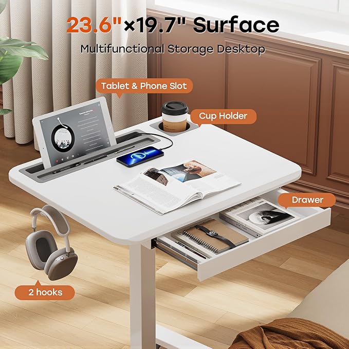Small Mobile Standing Desk with Drawer, 23.6" x 19.7" Top | Height Adjustable Rolling Teacher Desk with Cup Holder and Hooks, Portable Workstation on Wheels for Classroom & Study, White