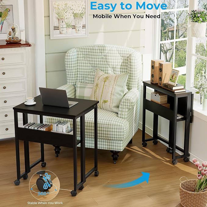 GreenForest Folding Desk with Wheels, 31.5" Rolling Table for Small Spaces | Storage Shelf, Lockable Casters, Compact Portable Workstation, Space-Saving Foldable Sofa Table, Home Office, Mobile, Black