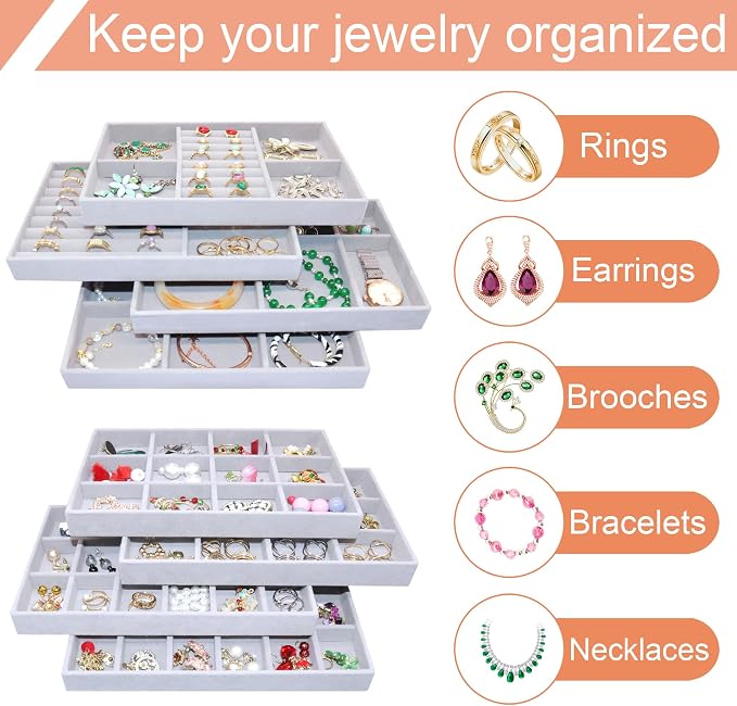 Set of 8 Stackable Jewelry Organizer X-Large Velvet Jewellry Trays Jewelryy Drawer Inserts, Earring Ring Brooch Necklace Bracelet Watch Display Plate with Removable Dividers