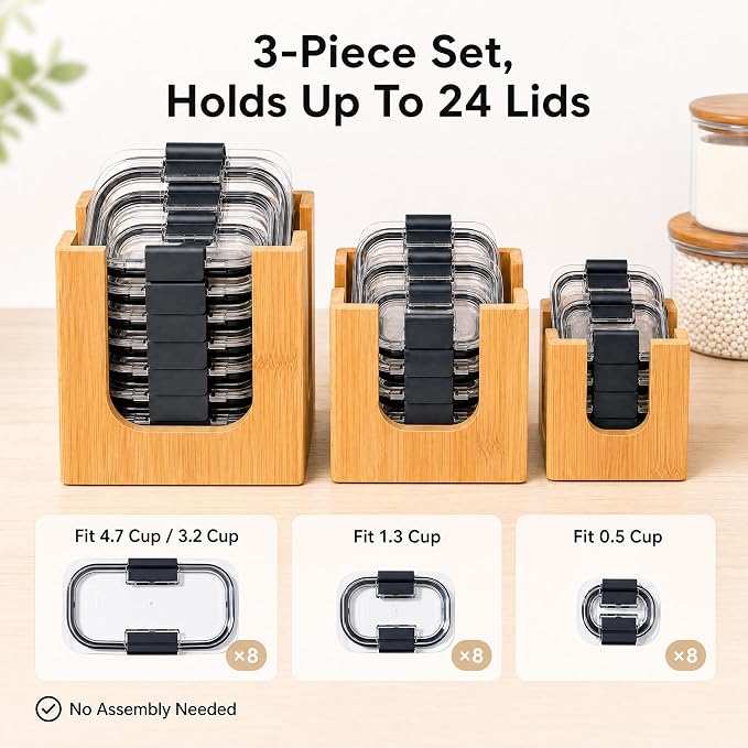 Bamboo Lid Organizer Rack for Rubbermaid Brilliance | 3-piece stackable lid holder, holds 24 lids, fits 4.7/3.2/1.3/0.5 cup, premium warp-resistant bamboo, no assembly needed