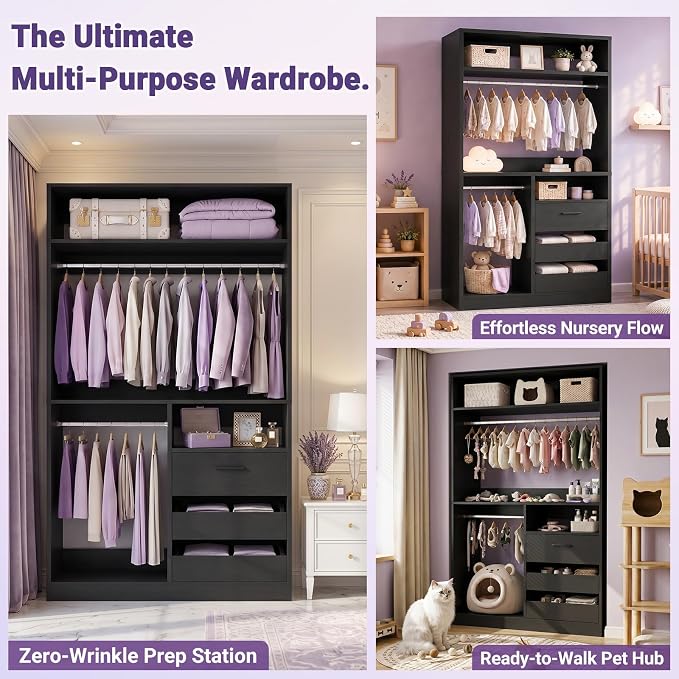 iSunirm 36'' Closet System with Long Hanging Rods, 3FT Modular Closet Organizer System with 4 Shelves, Wood Walk-in Closet with Closed & 2 Half-Open Drawers, 80" H Adjustable Garment Rack, Black