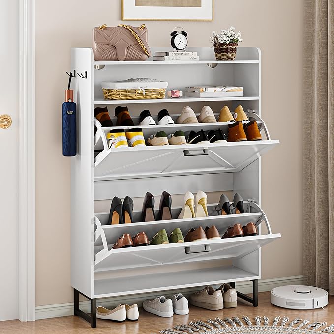 Wodeer Shoe Storage Cabinet with 2 Flip Drawers, Narrow Wood Shoe Cabinet Storage for Entryway with Metal Legs & Hooks, Adjustable Shelves, Freestanding Shoe Rack Organizer for Foyer, Hallway, White